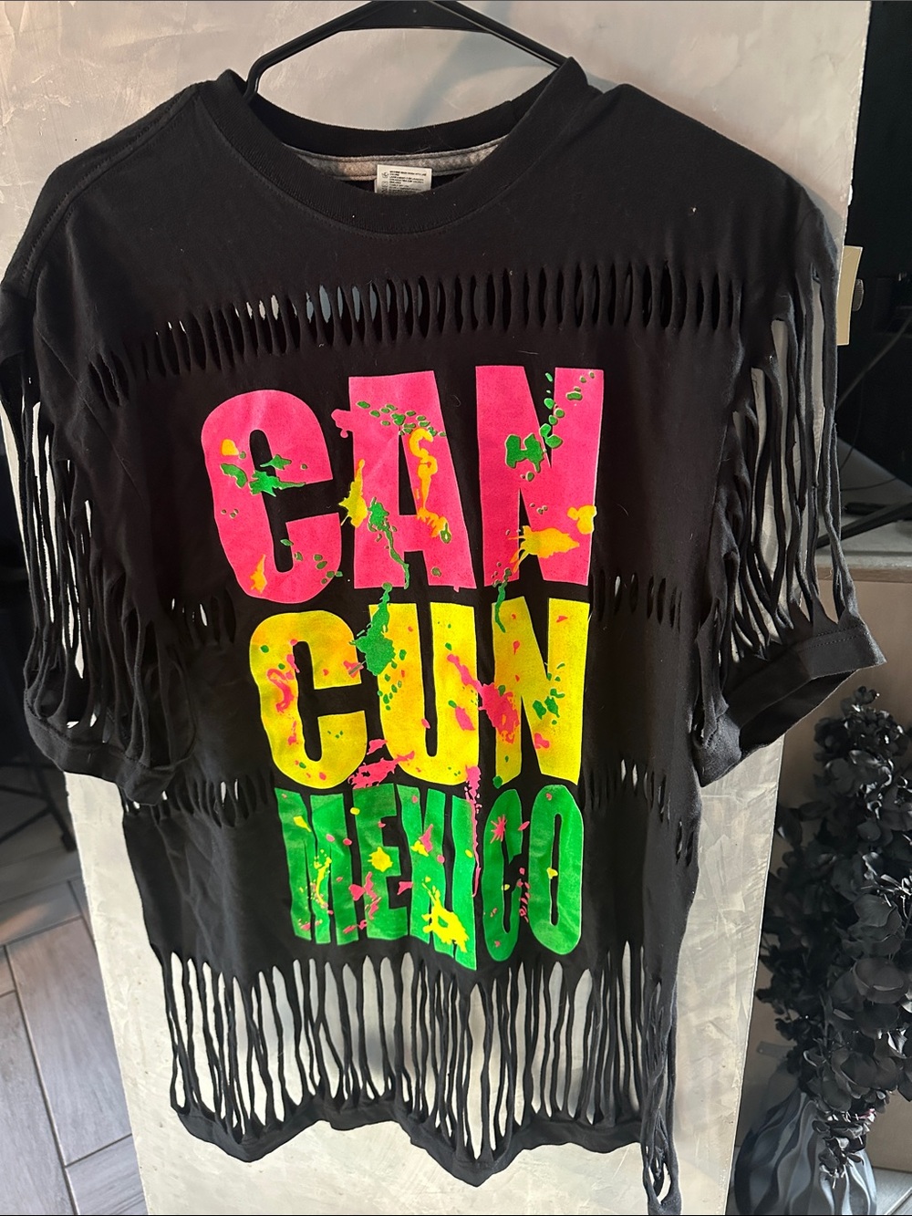 Ladies Black Fringe T-Shirt with Neon Mexico Print